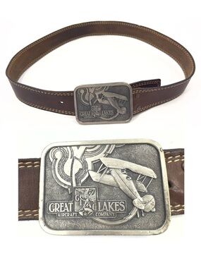 Great Lakes Aircraft Company Brown Leather Belt Mens 36 Bergamot Brass Work 1976